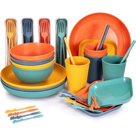 Youyijia 52-Piece Unbreakable Plastic Dinnerware Set for 4 – Colorful Plates, Bowls, Cups, Forks, Spoons & Chopsticks, Lightweight BPA-Free Tableware for Camping, Picnics, Parties, Travel, RV (1/5)