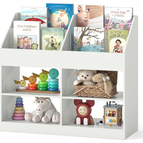 Bibliothèque Enfant Montessori à 2 Niveaux avec 4 Compartiments Ouverts, Étagère à Livres Bois avec 2 Dispositifs Anti-Basculement, Meuble (Blanc) (1/5)