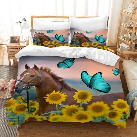 Housse de Couette pour Chevaux Impression 3D,Parure de lit pour Animaux Enfants 3 pièces,Housse de Couette Microfibre avec Fermeture éclair,pour garçons, Adolescents (Cheval 02, 135 x 200 cm) - 135 x (1/5)