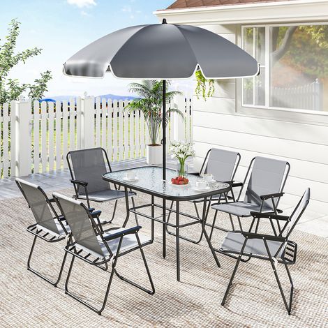 Set di mobili da giardino, sedute, 119 x 68 cm, tavolo in vetro con 6 sedie pieghevoli, ombrellone, motivo a onde, grigio