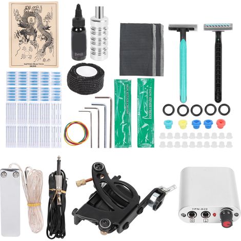 Kit de machine à tatouer professionnelle avec alimentation, 8 bobines de tatouage et prise 90-265VEU. Idéal pour les débutants. (1/5)