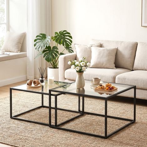 2-teiliger runder Couchtisch, nestbar, gehärtetes Glas und schwarzes Metall, OKMYHOME (1/5)