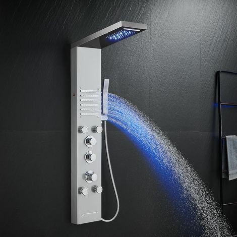 Colonne de Douche Thermostatique, Panneau de Douche à 6 Fonctions avec LED, Colonne de Douche Hydromassante avec Mitigeur et Buses Massants, Acier Inox 304 Brossé (1/5)