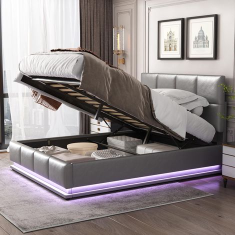 Lit capitonné 140x200cm avec éclairage LED et coffre de rangement relevable hydrauliquement, sommier à lattes, revêtement en similicuir, lit double, lit adulte/enfant, gris, garantie 2 ans (1/5)