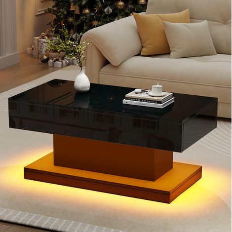 Mesa de centro (100x50x45 cm), con 2 cajones, tiras LED controladas por app, diseño en I, tablero de partículas, negro (1/5)