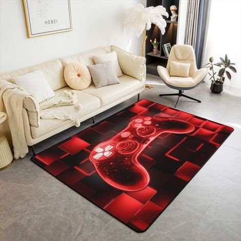 Console de Jeux pour Enfants Tapis Salon 150x200,Jeux Tapis Sol,Jeux Vidéo Salon Tapis de Jeu Tapis Néon Lumineux Carré Grille Géométrique Rouge Antidérapant Lavable Tapis Intérieur et Extérieur (1/5)