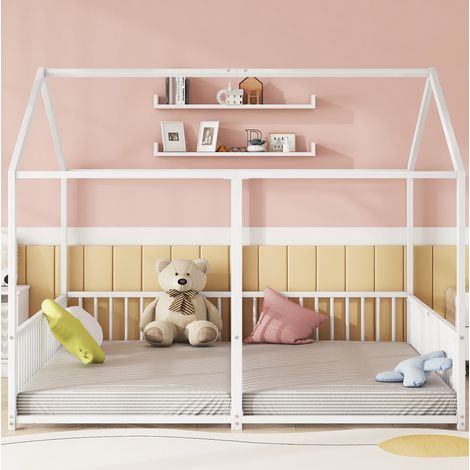 Etagenbett Metall Weiß 90x200 cm, Kinderbett in Hausform mit Geländer und Leiter (1/5)