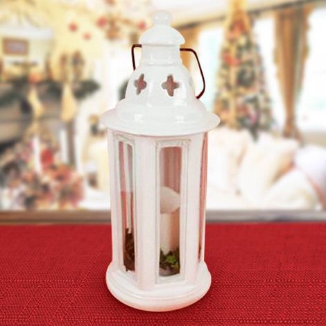 Trade Shop - Lanterna Tonda Metallo Bianco Con Candela A Batterie 35 Cm Decorazioni Natalizie - (1/2)