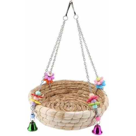 BUNTHAUS Nid de paille pour calopsitte, jouet à mâcher, balançoire, balançoire sur pied avec 4 clochettes métalliques pour perruches ondulées, calopsittes africaines