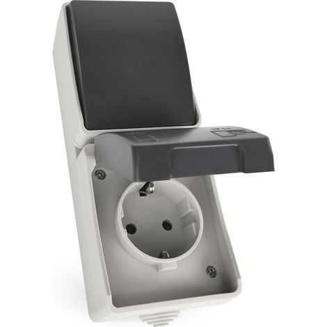 Interrupteur et prise avec contact de protection - Combinaison de prise Schuko en saillie et interrupteur pour montage mural vertical - 250 V/16 A max, IP44 pour pièces humides et extérieures (1/5)