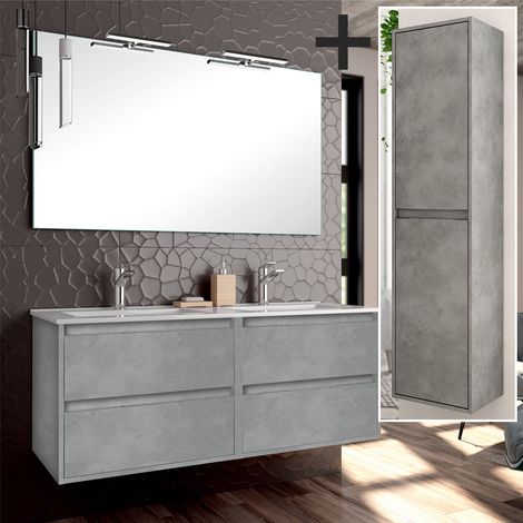 Ensemble meuble de salle de bain 120cm double vasque + colonne de rangement - ciment (gris) - IRIS (1/5)