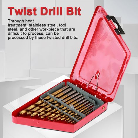 Jeu de 13 forets hélicoïdaux HSS 1,5-6,5mm, poignée ronde, coffret métal rouge, outillage perçage acier, kit perceuse professionnel. (1/5)