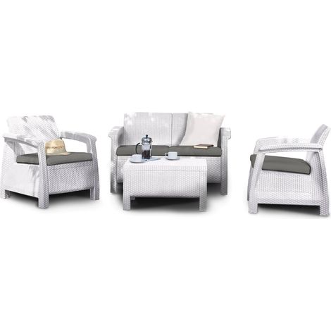 Dmora - Loungeset für draußen Nelson, Outdoor-Lounge mit Couchtisch, Terrassenset mit Kissen, Gartenkomposition mit Sofa und Sesseln, 128x70 h79 cm, Weiß