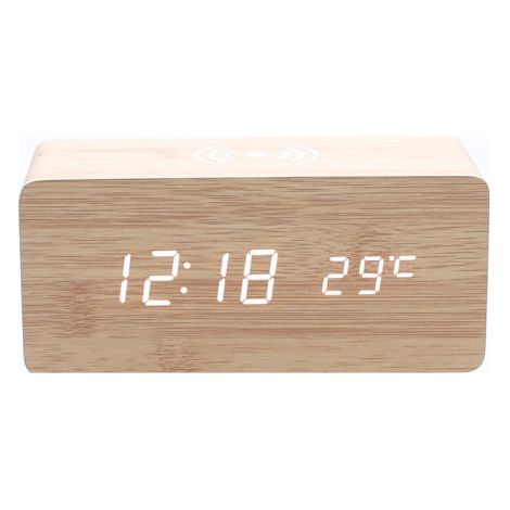 1 x beige Holzwecker mit kabellosem Qi-Ladegerät, kompatibel mit iPhone, Samsung, Holz-LED-Digitaluhr, Klangsteuerungsfunktion, Uhrzeit, Datum, Temperaturanzeige für Schlafzimmer, Büro (1/3)