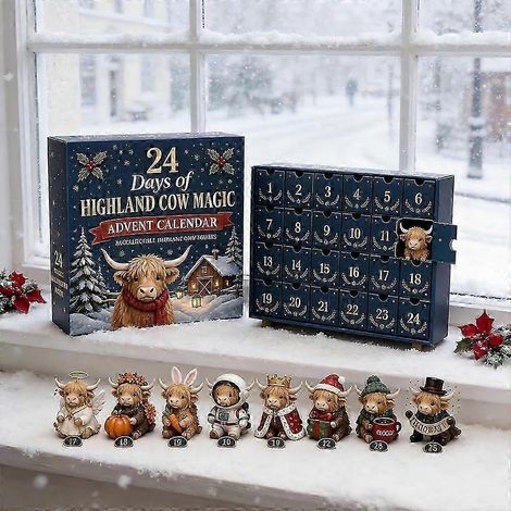 Coffret de l'Avent Vache des Highlands à collectionner, 24 mini-figurines différentes, souvenir du compte à rebours de Noël, charmant décor de table pour les fêtes (1/5)