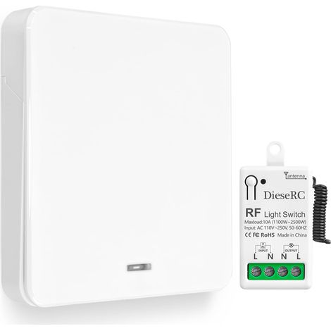Interrupteur de Lumière Sans Fil, Interrupteur émetteur RF pour Panneau Mural de type 86 et Contrôleur-récepteur à Relais de 10 A, pour des Lumières Jusqu'à 1500 W (1/5)