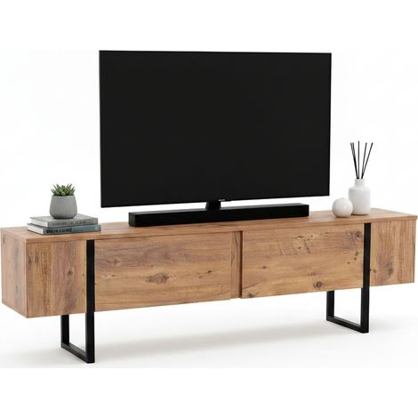 Dmora - Mobile porta TV Gussola, Credenza da soggiorno, Armadio basso per TV, Base parete attrezzata, 180x30 h50 cm, Pino e Nero