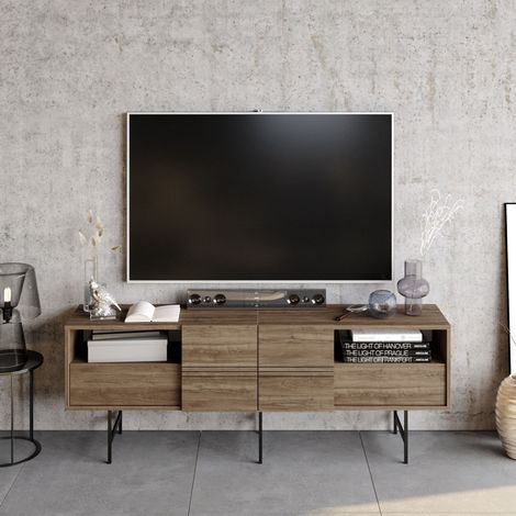 Decorotika Derin 180 Cm Meuble TV Meuble TV With Two Cabinets TV Cabinet With Metal Legs TV Console With Open Shelves And Extended Doors Up To 71 TV'S-Walnut Pattern And Noir (1/4)