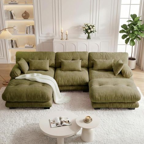 Canapé d’angle modulaire luxueux – Canapé nuage surdimensionné en U, convertible en lit, assise profonde, pouf, chenille verte – Polyvalence et confort ultime (1/5)