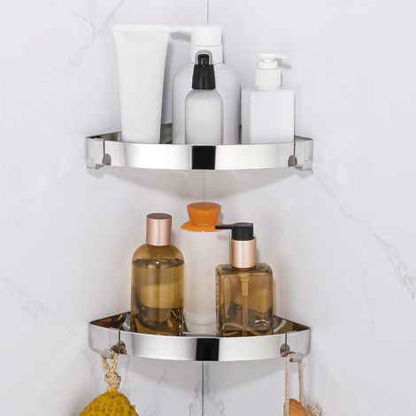 Étagère d'angle Douche sans Perçage - Porte-Shampoing Salle de Bain Acier Inoxydable + 4 Crochets - Organisation Douche - 2 Pièces (Argent Miroir) (1/5)