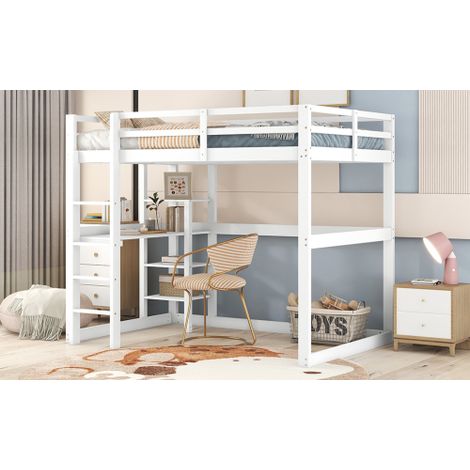 Kinderbett Hochbett Bettgestell mit Stauraum, komplett aus Kiefer, mit 4 Ablagefächern und einer Schreibtischplatte