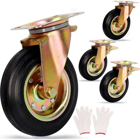 Set of 4 Heavy Duty Fixed Casters, 8 Inch Swivel Plate Industrial Wheels with Solid Rubber Tires, Outdoor Casters for Workbench and Trolley (1/5)