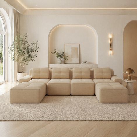 Canapé modulable 4 places en U, chaise longue, tissu corduroy beige, sans montage, OKWISH (1/5)