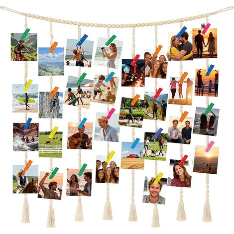 Tenture murale pour photo : avec 45 clips, en bois naturel et équipée d'une couronne de perles en bois, pour mariage, chambre à coucher, dortoir (1/5)