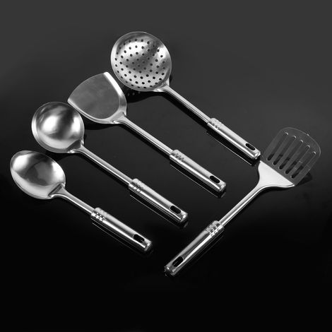 Juego de 5 utensilios de cocina de acero inoxidable: cuchara, cucharón, colador, pala y espátula, para cocinar a diario. (1/5)