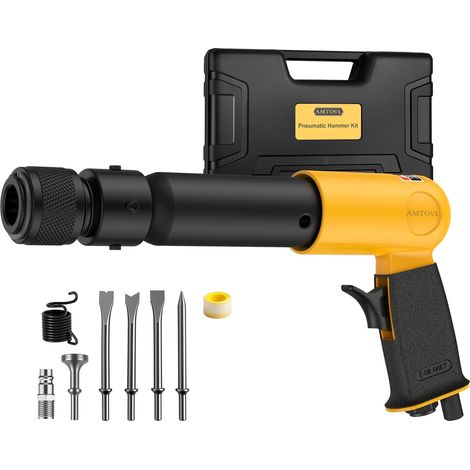 Kit Marteau Pneumatique de 250mm avec 5 Burins pour Découpe Façonnage Burineur Pneumatique avec Coffret Manchon en Caoutchouc de Poignée Raccord Pneumatique à Verrouillage Rapide pour Atelier (1/5)