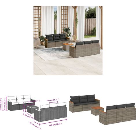 7-tlg. Garten-Sofagarnitur mit Kissen Grau Poly Rattan - Gartenmöbelset - PE-Rattan Möbel - Outdoor Sofa - Esstisch Set - Lounge Garnitur - Home & Living (1/3)