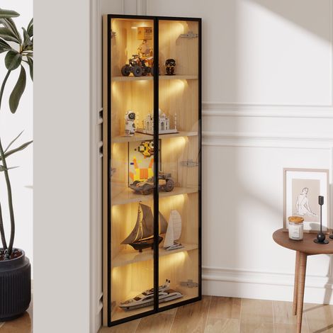Vitrine d’angle 62x35x160 cm chêne en MDF avec verre trempé, LED intégrées et fermeture douce (1/5)