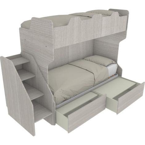 Letto a castello salvaspazio con terzo letto estraibile e scala laterale - Ideale per camerette - Rovere rock