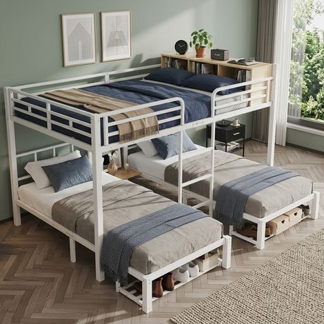 Lit superposé en métal blanc 140x200/90x200 cm, lit superposé familial avec 3 couchages, étagère ouverte, étagère à chaussures et échelle pour chambre d'amis ou d'adolescent (1/5)