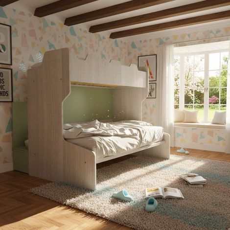 Letto a castello salvaspazio con scala contenitore - 1 Piazza e mezza + singolo - Rovere rock