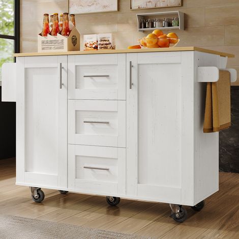 Îlot de cuisine blanc séparateurs et, en bois, avec porte, sur roulettes, pour cuisine et salle à manger, plan grain bois