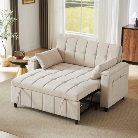 Canapé-lit 2 places 148,6 x 81,3 x 86,4 cm beige, rangement, tissu chenille, 3 en 1 MEUBLIV (1/5)
