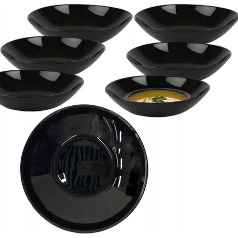 6 assiettes plates rondes noires foncées en verre opale