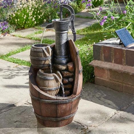 Solar Powered Water Fountain Whisky Barrel Garden Water Feature Solar Cascading Fountain with Remote Panel Outdoor Patio Decor