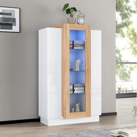 MEUBLIV Vitrine 74x40x120 cm blanc et décor bois – 3 portes, LED et étagères en verre (1/5)