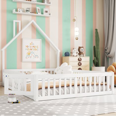 MODFU – Cama infantil 140x190 cm de pino/MDF blanco con forma de chimenea, barandillas y somier de láminas – Blanco (1/5)