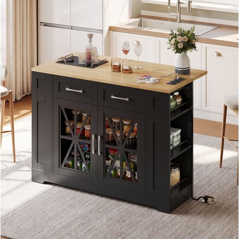 Îlot de cuisine 120 cm avec plateau rabattable, prises AC/USB, portes en verre et roulettes freinées (1/5)