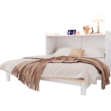 Lit escamotable 140x200 avec tiroirs sous lit, ports usb et prise, éclairage led, convertible en lit plateforme, sans matelas, blanc (1/5)