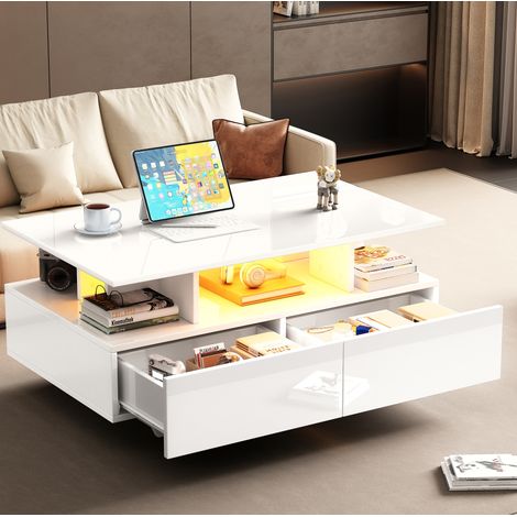 Mesa de centro LED 90 x 55 x 41 cm con 2 cajones, blanca, de tablero de partículas HAVRYA (1/5)