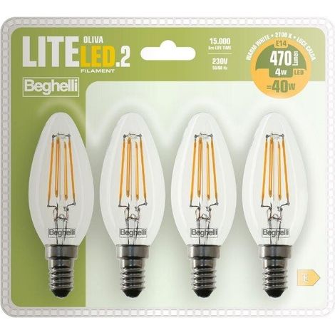 Beghelli Lampadina Led Oliva 4W 2700k Filament Led 2 Luce Calda e14 Confezione 4 Pezzi (1/3)