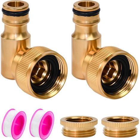 2 x Elbow Tap Connectors, 1/2 Inch and 3/4 Inch, Brass Tap Connector, 360° Rotating, Hose Adaptor Taps, Watering Hose Taps, with Waterproof Tape, for Garden Irrigation (1/5)