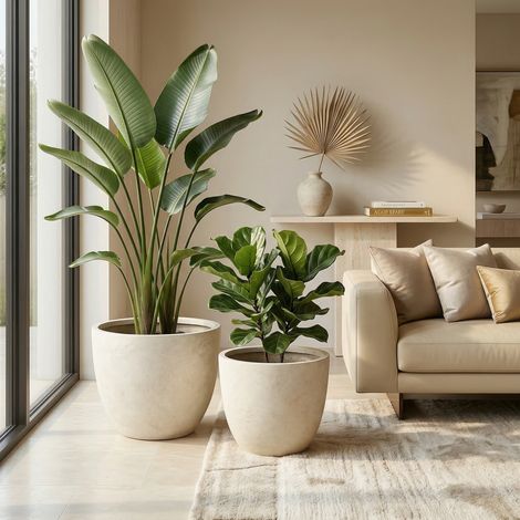 Set mit 2 runden Pflanzgefäßen aus Beton – Blumentopf für den Innen- und Außenbereich – rustikales Design mit Ablauflöchern – 38 x 32 cm und 45 x 37 cm – Weiß