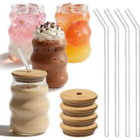 Lot de 4 verres nervurés avec pailles en verre - 530 ml - Verres à cocktail - Verres à café glacé avec couvercle et paille - Verres à bulles d'air avec pailles - Verres à café pour cocktails, whisky (1/5)