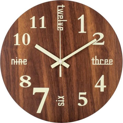 Horloge Murale, 30 cm Horloge Murale Veilleuse avec Mots Chiffres Rétro, Silencieux Non-Ticking à Piles Analogique Bois (1/5)