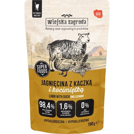 Wiejska Zagroda Super Foods comida húmeda para gatos Cordero Pato 100g (1/3)